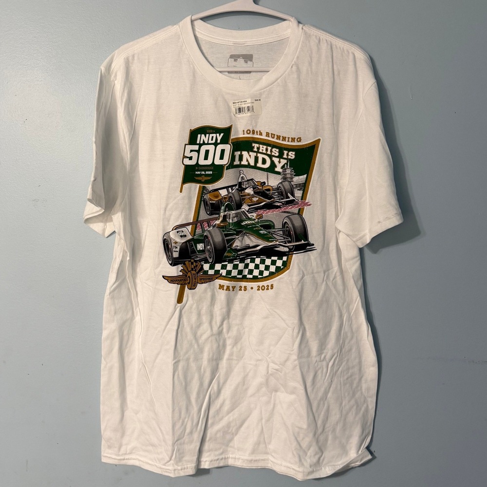Indy 500 T Shirt Men's Large White 109th Running 2025 Pole Winner Graphic 0795‎